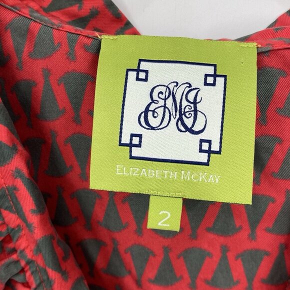 Elizabeth McKay Ruffle Neck Silk Blouse Red Party Hat Print Long Sleeve Size 2 - Picture 3 of 5